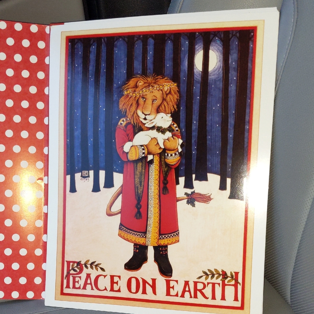 Vintage Mary Engelbreit Poster Print Peace On Earth 11x14 Lion Holding Lamb 1988